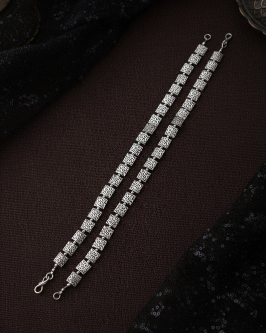 Silver Yash Oxidised Anklet - 2 Pair