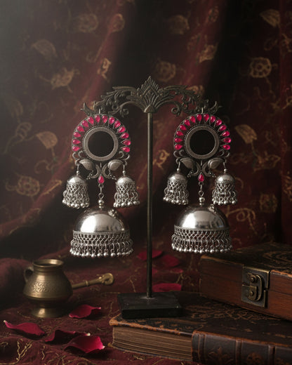 Pink Aroosa Silver Oxidised Jhumka Earrings