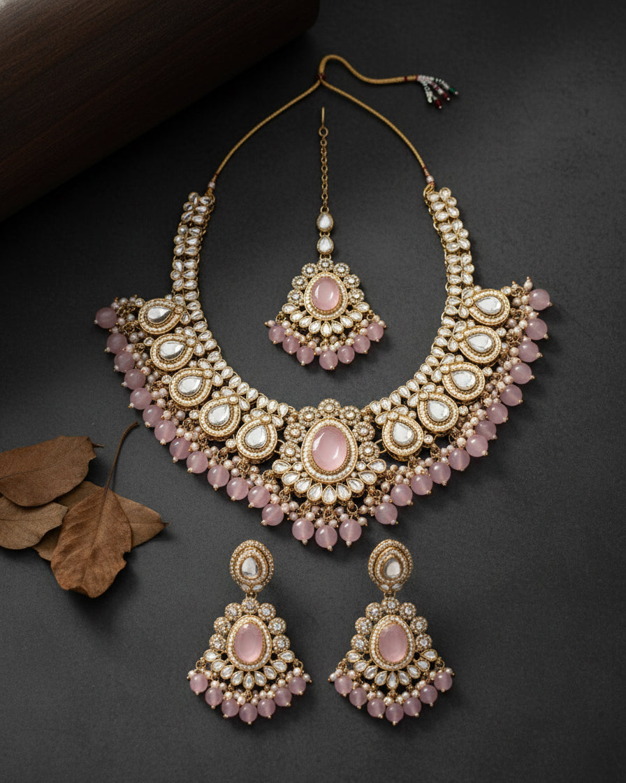 Blush Kavisha Premium Polki Dupe Necklace Set with Earring and Teeka