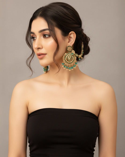 Teal Green Arajashree Bahubali Chandbali with Sahara