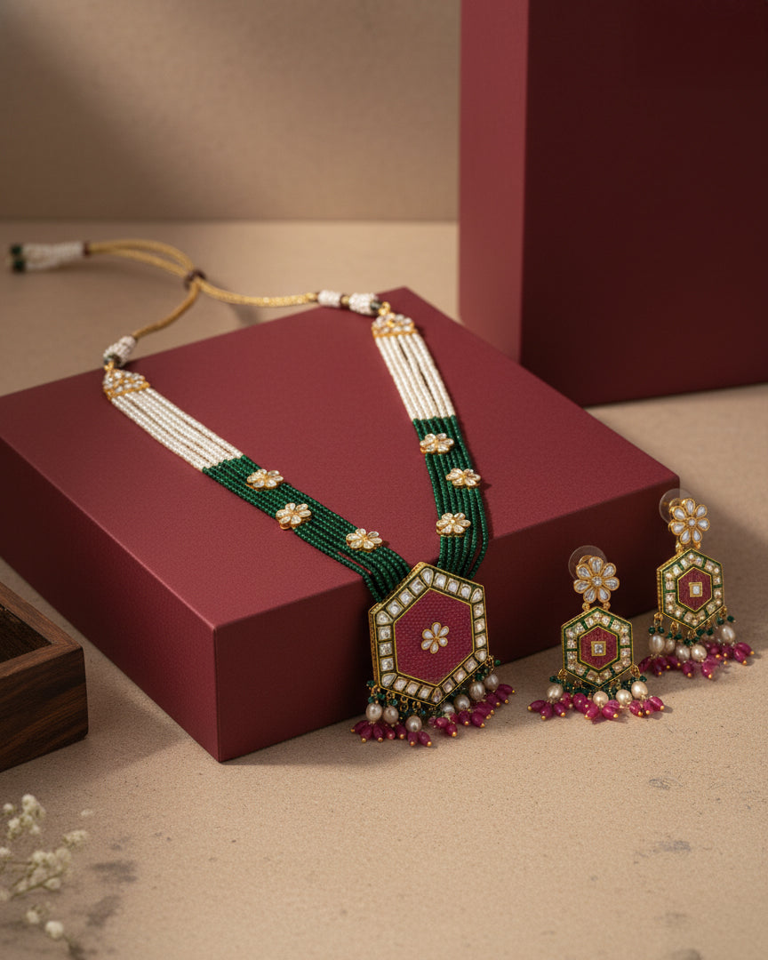 Pink Green Neelika Long Necklace Set with Earring