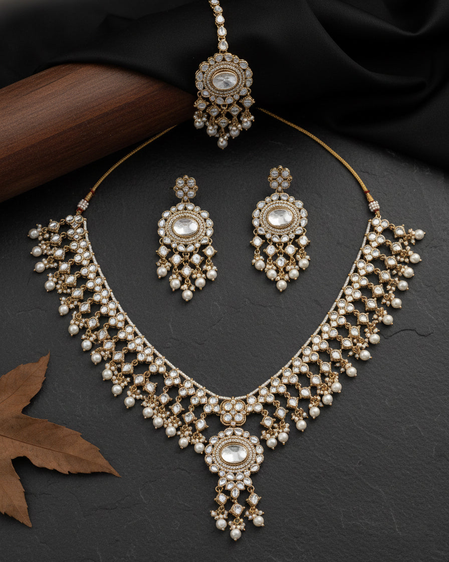 Prayshi Premium Kundan Pearl Necklace With Earring and Teeka