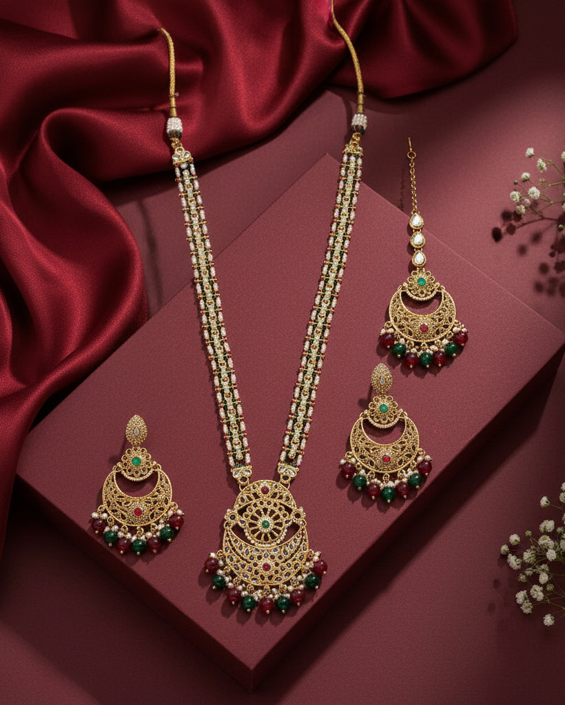 Red Green Travini Premium Long Necklace With Earring & Teeka