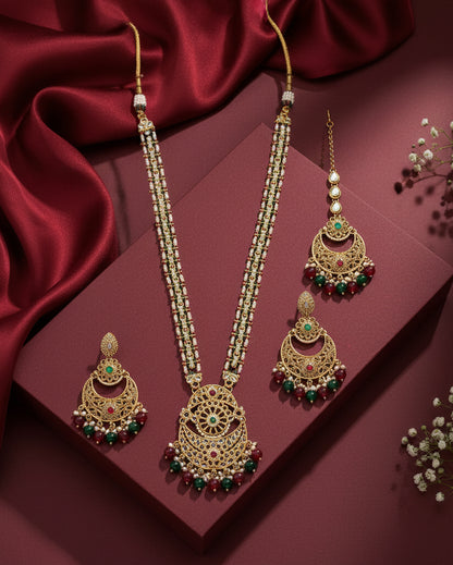 Red Green Travini Premium Long Necklace With Earring & Teeka