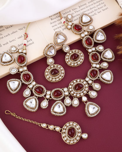 Red Kavita Premium Polki Dupe Necklace with Earring and Teeka