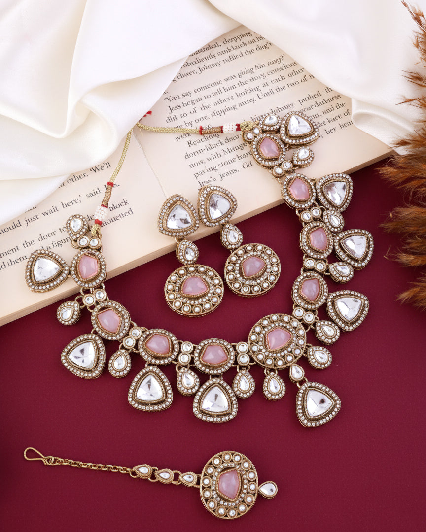 Blush Kavita Premium Polki Dupe Necklace with Earring and Teeka