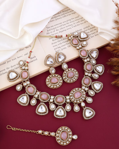 Blush Kavita Premium Polki Dupe Necklace with Earring and Teeka