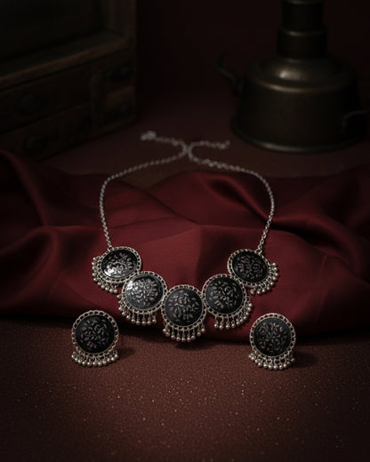 Black & Silver Adit Oxidised Necklace & Earrings Set