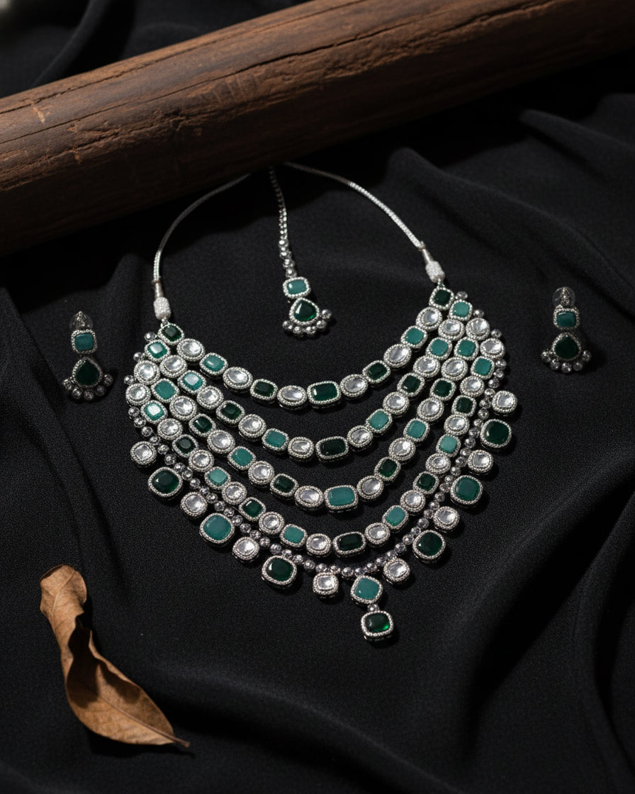 Mix Green Parineeti Wedding Necklace Set - Black