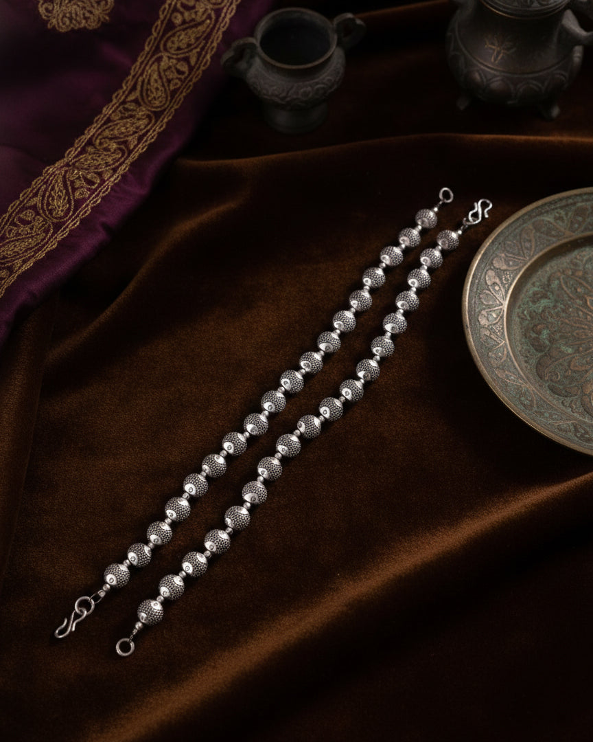 Silver Zoravar Oxidised Anklet - 2 Pair
