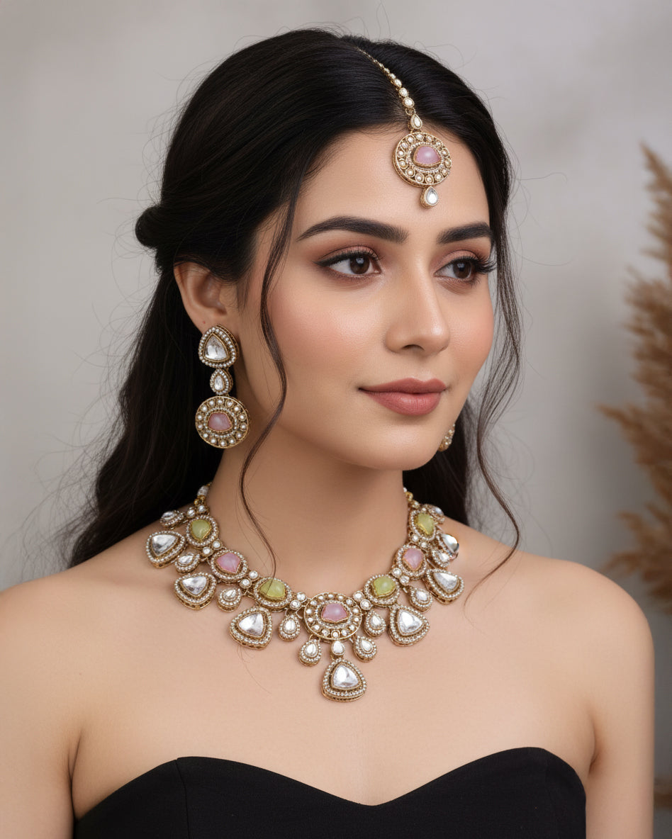 Pastel Kavita Premium Polki Dupe Necklace with Earring and Teeka