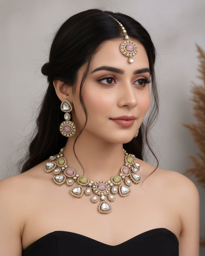 Pastel Kavita Premium Polki Dupe Necklace with Earring and Teeka