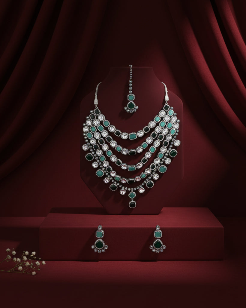 Mix Green Parineeti Wedding Necklace Set - Black