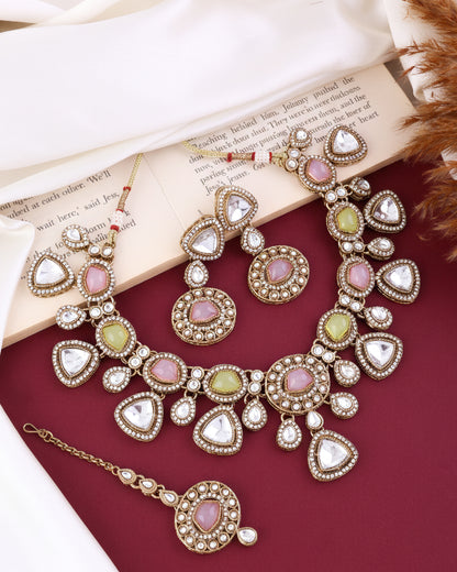 Pastel Kavita Premium Polki Dupe Necklace with Earring and Teeka