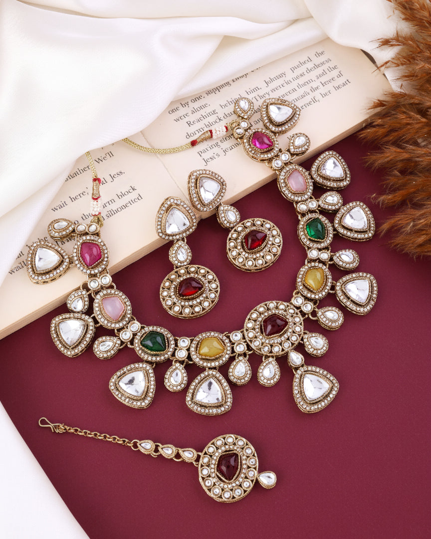 Multi Kavita Premium Polki Dupe Necklace with Earring and Teeka