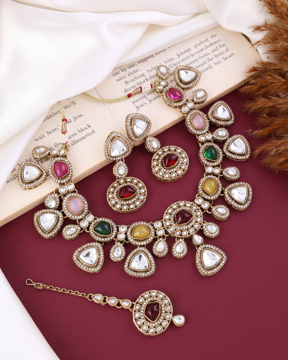 Multi Kavita Premium Polki Dupe Necklace with Earring and Teeka