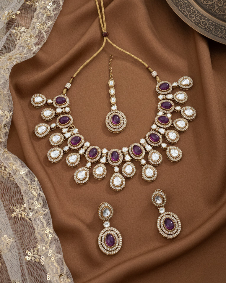 Purple Sehaj Premium Polki Dupe Necklace with Earring and Teeka