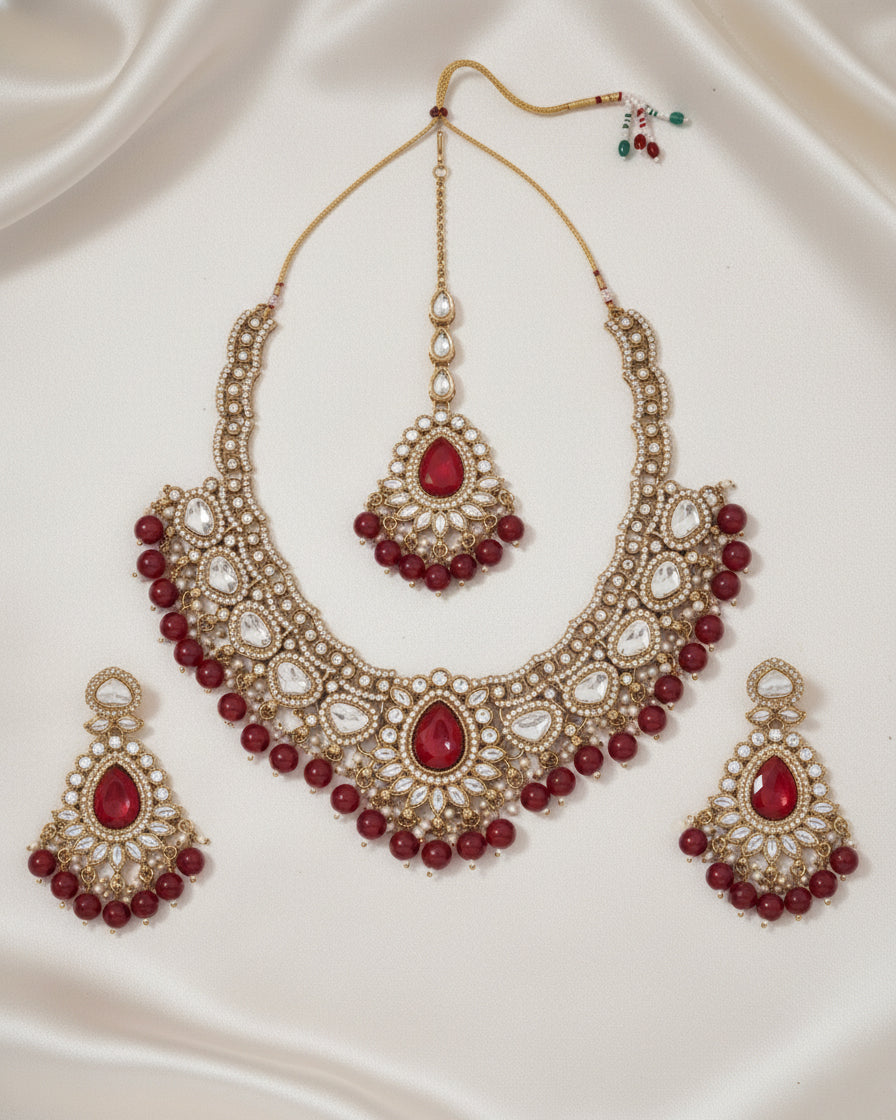 Red Savira Premium Polki Dupe Necklace with Earring and Teeka