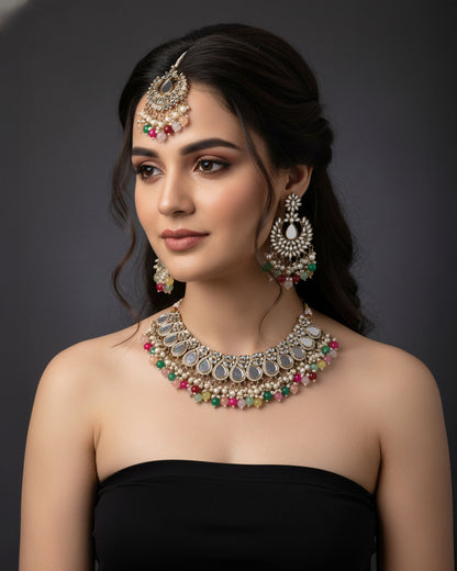 Multi Sehnaz Mirror Necklace Earring & Maangteeka