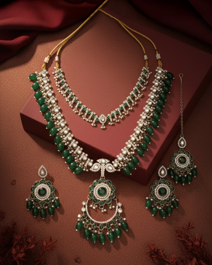 Green Aanvir Layer Necklace With Earring & Teeka