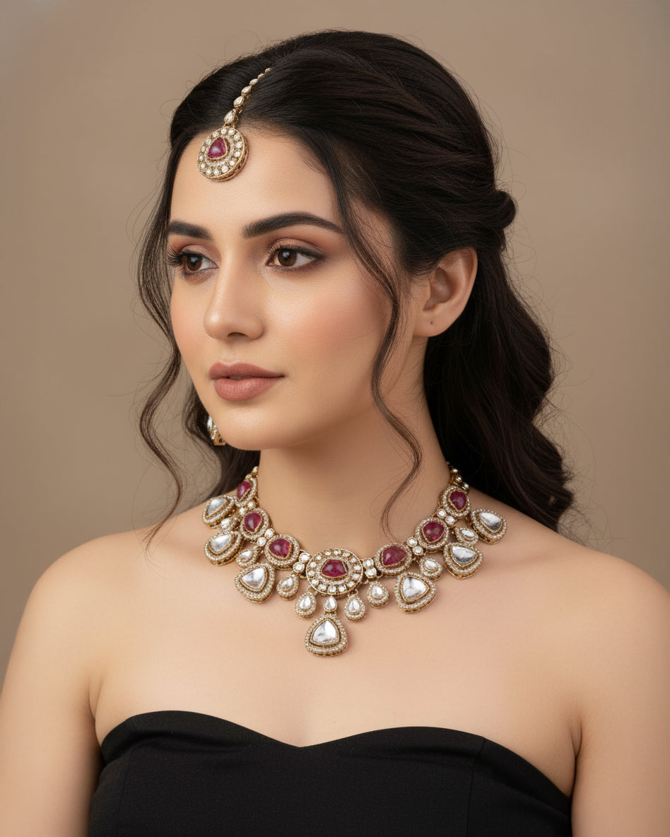 Onion Kavita Premium Polki Dupe Necklace with Earring and Teeka