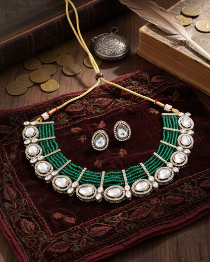 Green Darvesh Zircone Polki Dupe Pearl Necklace with Earring