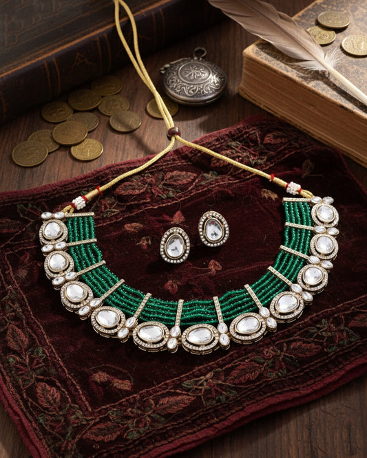 Green Darvesh Zircone Polki Dupe Pearl Necklace with Earring