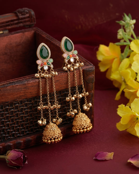 Green Multi Nidhi Kashmiri Look Ghunghru Jhumka Earring