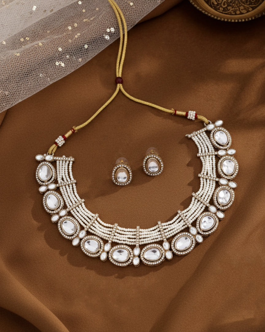Pearl Darvesh Zircone Polki Dupe Pearl Necklace with Earring
