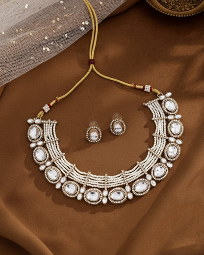 Pearl Darvesh Zircone Polki Dupe Pearl Necklace with Earring