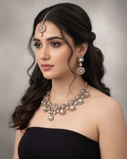 Blush Kavita Premium Polki Dupe Necklace with Earring and Teeka