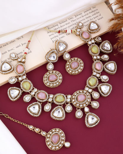 Pastel Kavita Premium Polki Dupe Necklace with Earring and Teeka