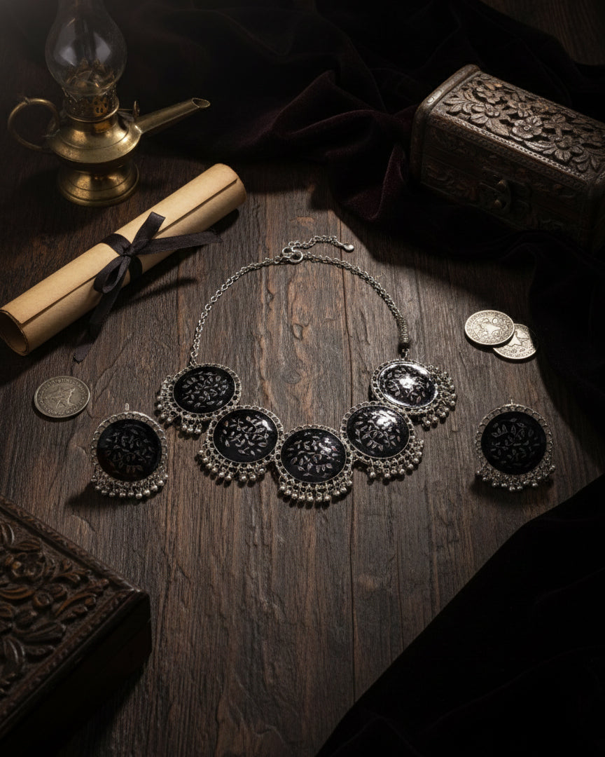 Black & Silver Adit Oxidised Necklace & Earrings Set