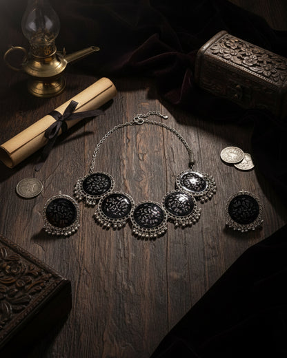 Black & Silver Adit Oxidised Necklace & Earrings Set