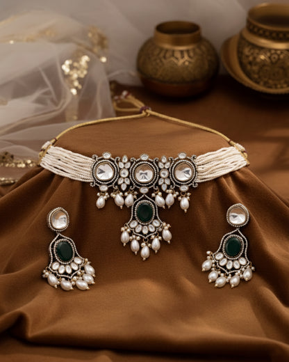 Green Rowan Premium Monalisa Necklace Set with Earring