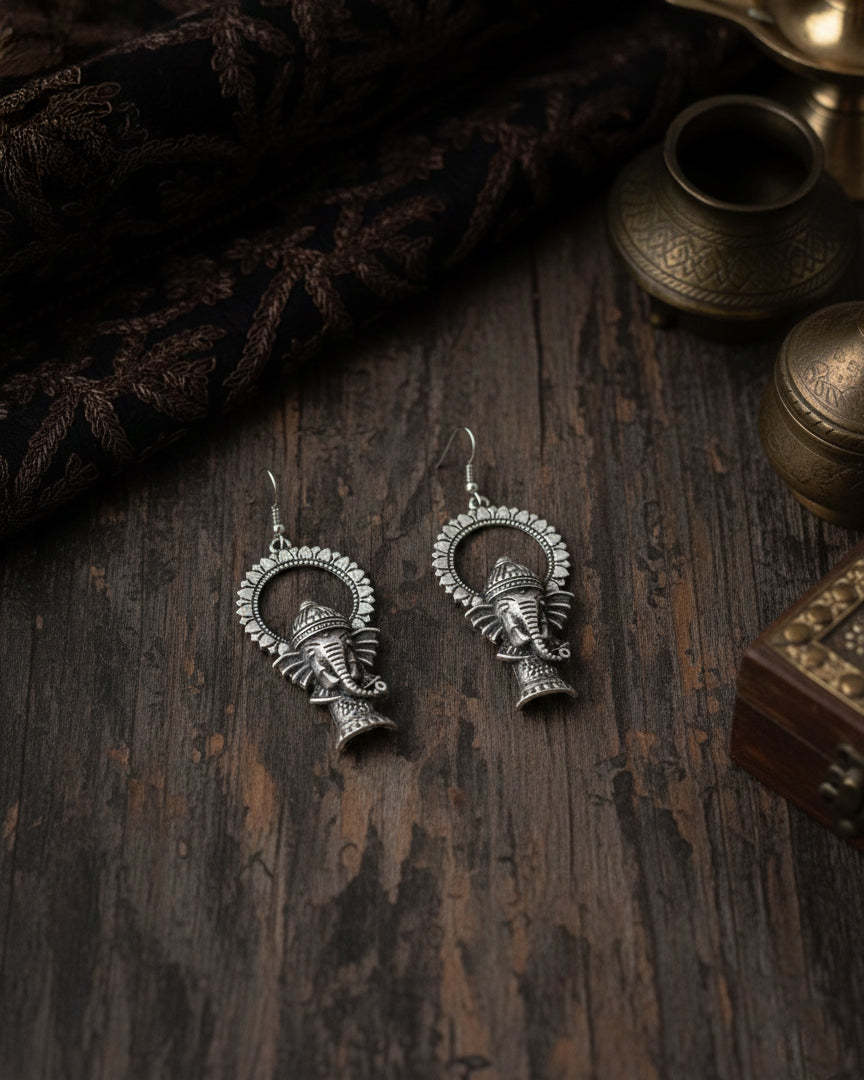 Silver Darshil Ganesha Oxidised Earrings
