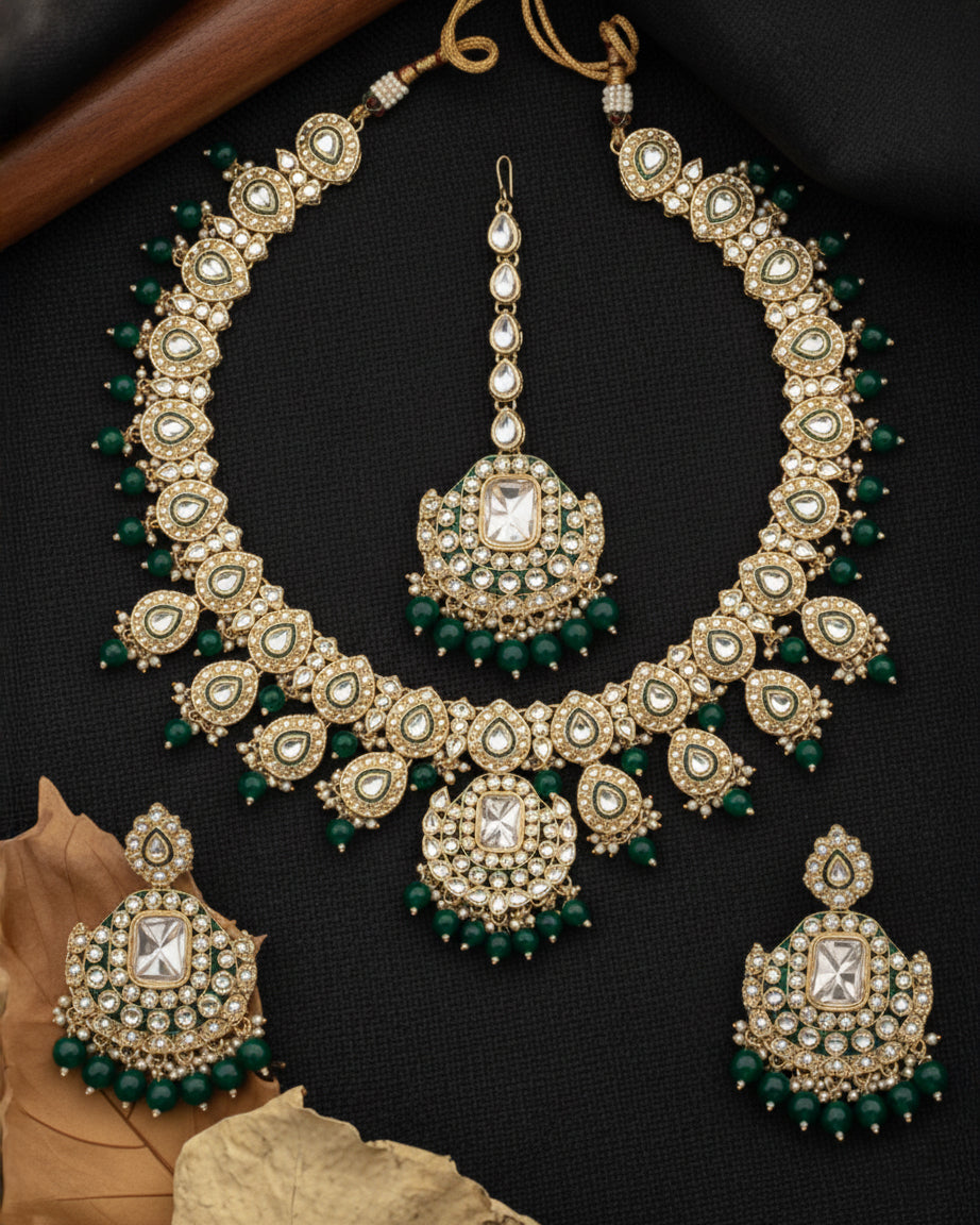 Green Noorika Heritage Kundan Necklace Set With Earring & Maangteeka