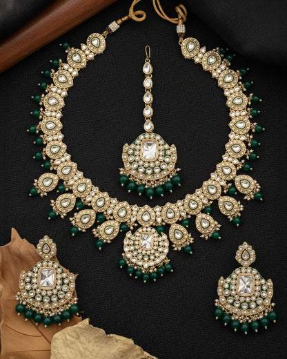 Green Noorika Heritage Kundan Necklace Set With Earring & Maangteeka