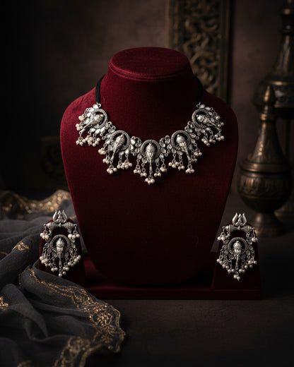 Silver Omkar Ganesha Oxidised Necklace With Earrings