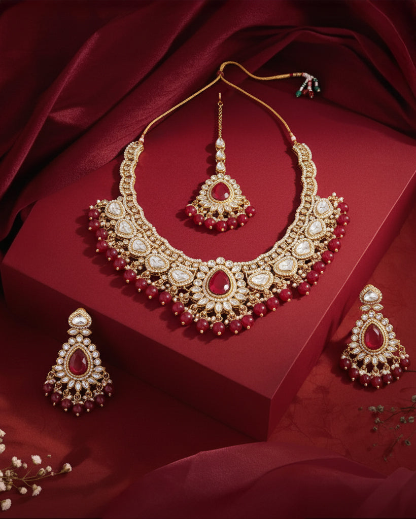 Red Savira Premium Polki Dupe Necklace with Earring and Teeka