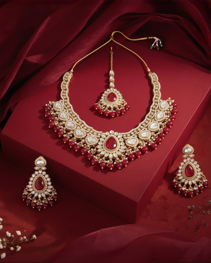 Red Savira Premium Polki Dupe Necklace with Earring and Teeka