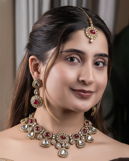 Red Kavita Premium Polki Dupe Necklace with Earring and Teeka