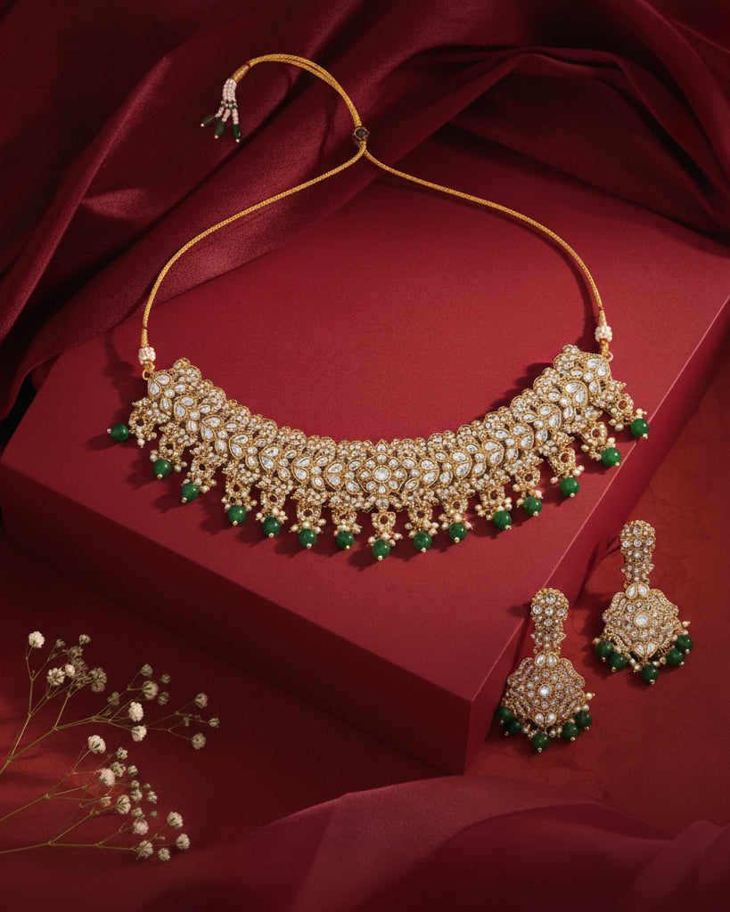 Green Shravya Premium Necklace Set with Earring and Teeka