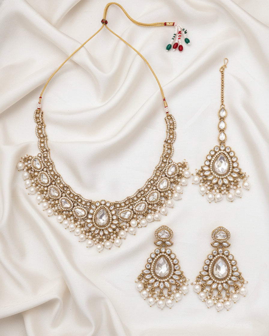 Pearl Savira Premium Polki Dupe Necklace with Earring and Teeka