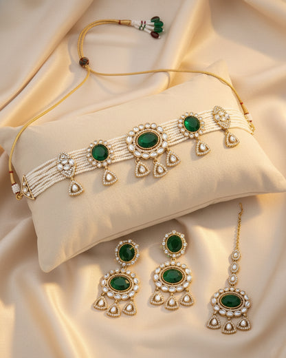 Green Suhen Premium Polki Dupe Choker Necklace With Earring & Teeka