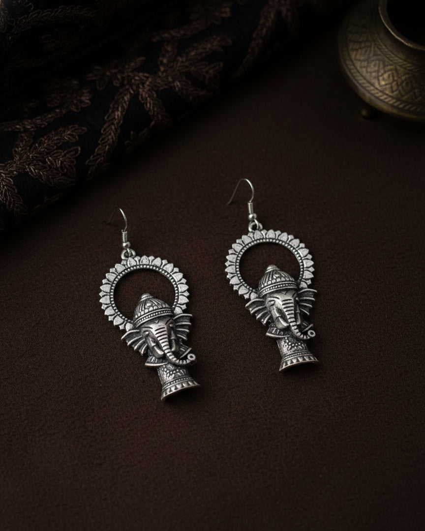 Silver Darshil Ganesha Oxidised Earrings