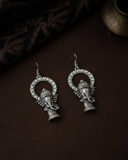 Silver Darshil Ganesha Oxidised Earrings