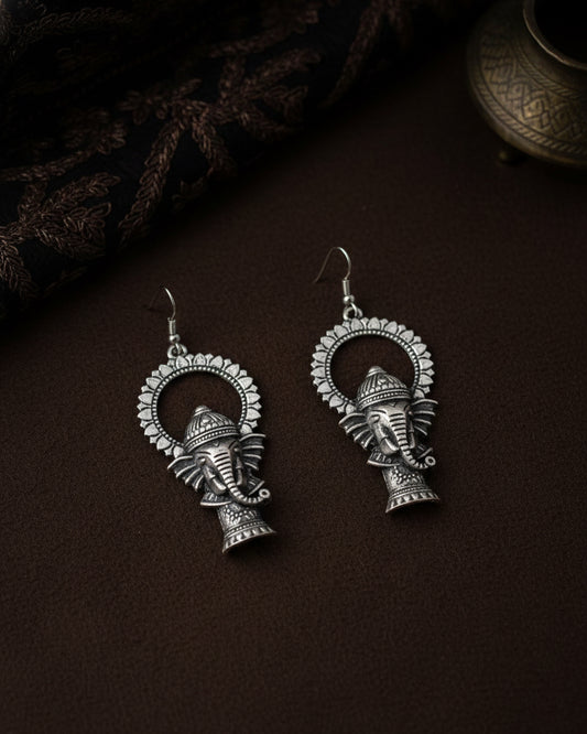 Silver Darshil Ganesha Oxidised Earrings