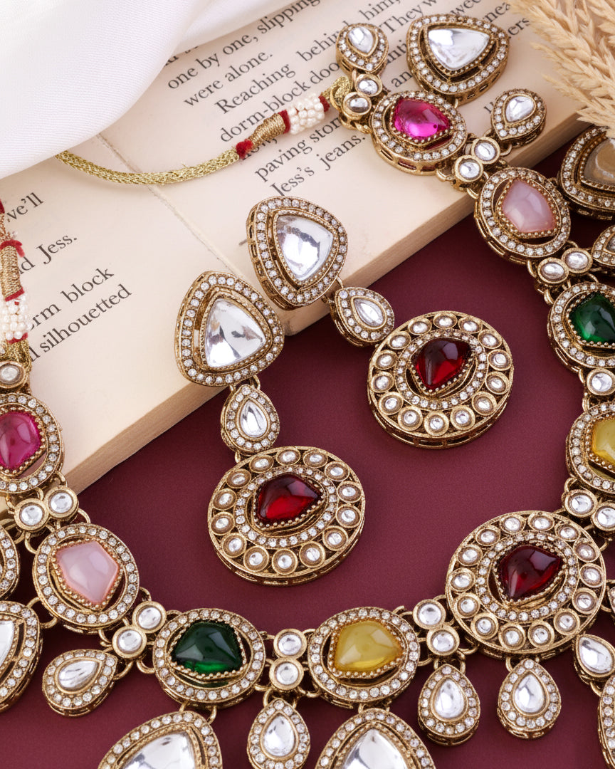 Multi Kavita Premium Polki Dupe Necklace with Earring and Teeka