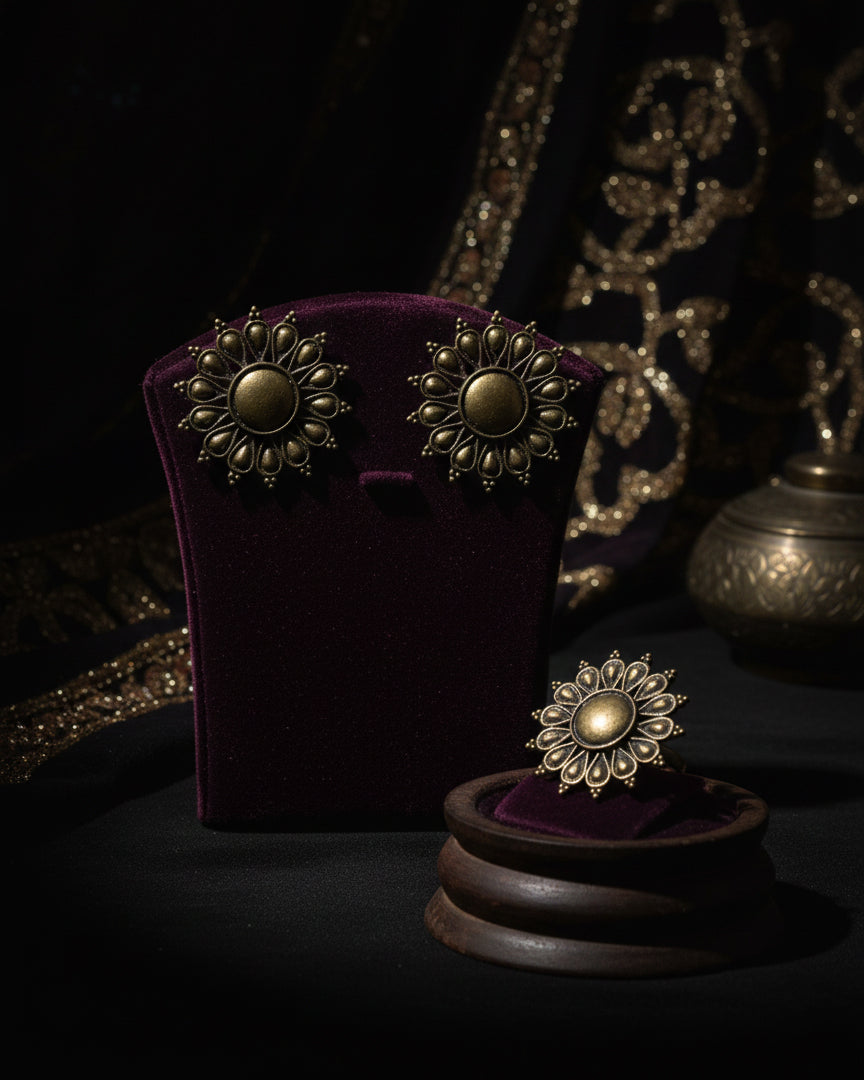 Gold Polish Aiza Oxidised Earring & Ring Set